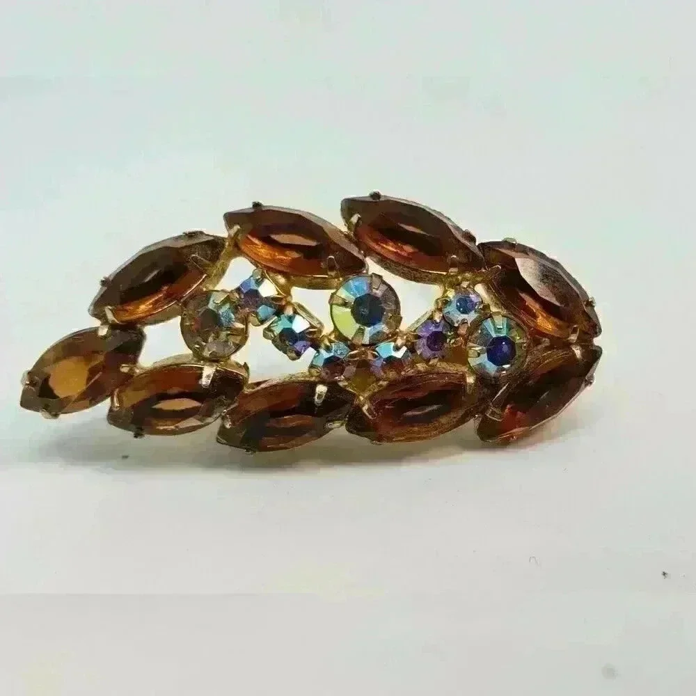 Vintage Rhinestone Leaf Brooch Open Back Brown & AB Stones Sherman Style